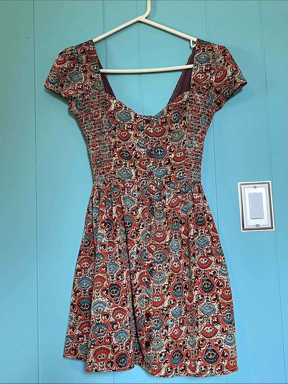 Band of Gypsies - Smocked Bodice Mini Dress in Rust & Teal